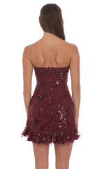 Strapless Sequin Floral Ruffle Dress in Burgundy