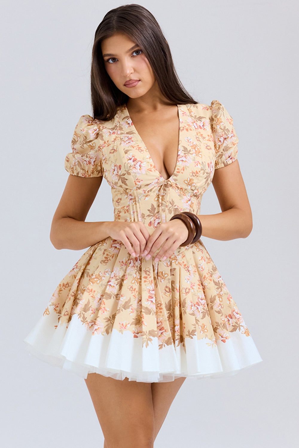 honeyflower print pleated cotton mini dress