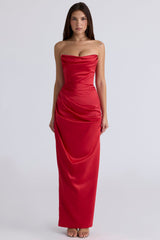 scarlet satin strapless gown