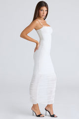 white gathered stretch mesh maxi dress
