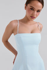 soft blue stretch cotton a-line midi sundress