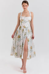soft blue vintage ribbon print chiffon midi dress