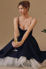 navy satin tulle midi dress