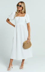 Quinn Midi Linen Blend Dress - Puff Sleeve Square Neck Dress In White