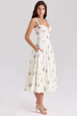 cream floral print cotton corset midi dress