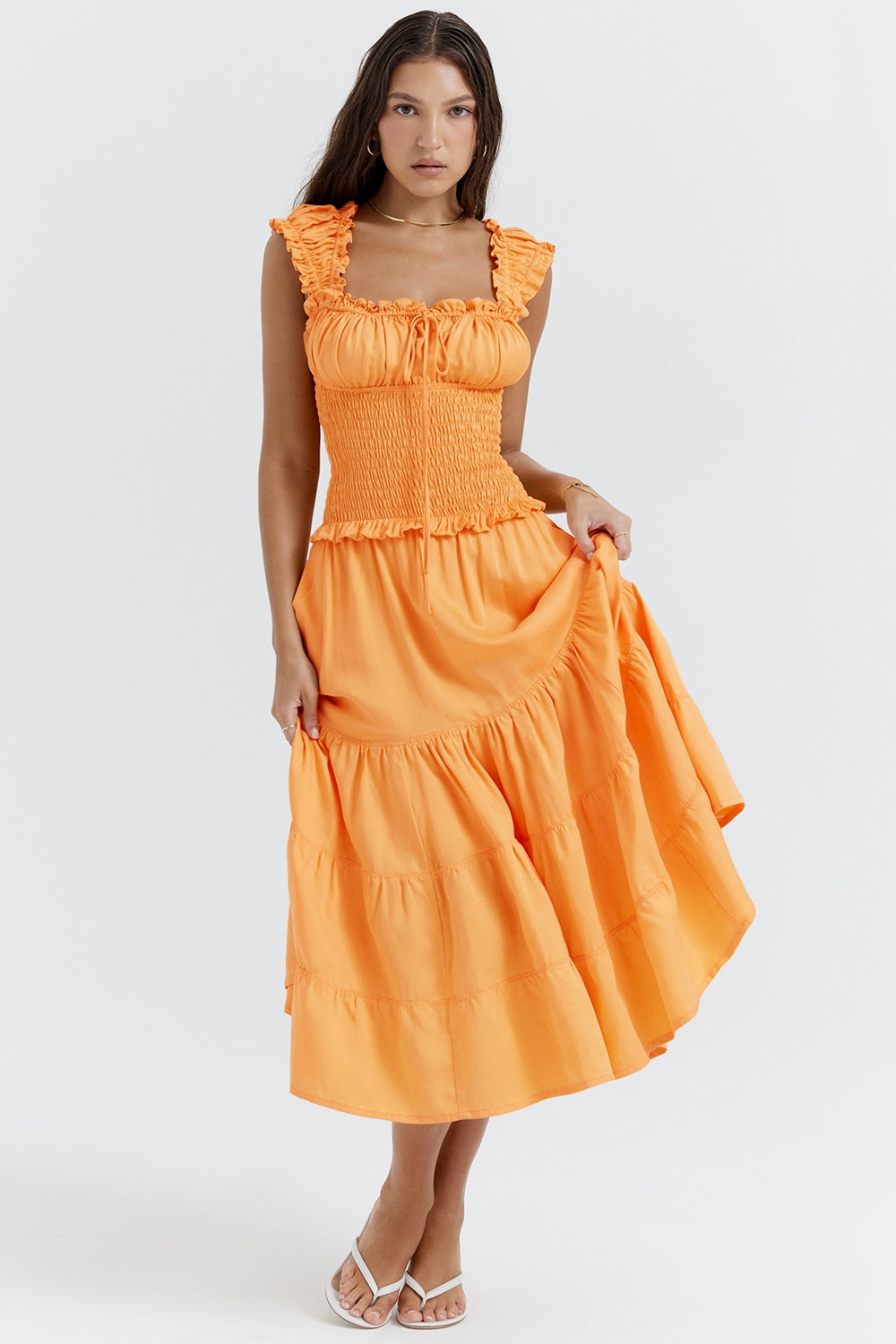 tangerine shirred sundress