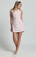 River Mini Dress - Boucle Button Through A Line Dress In Light Pink