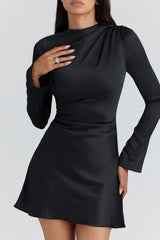black satin long sleeve mini dress