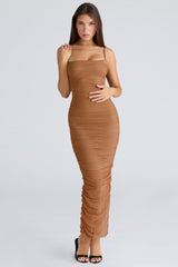 tan gathered stretch mesh maxi dress