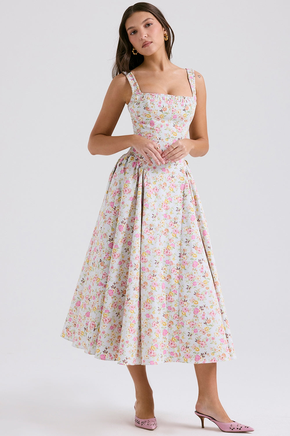 pale blue meadow print cotton midi sundress