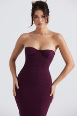 grape strapless corset maxi dress
