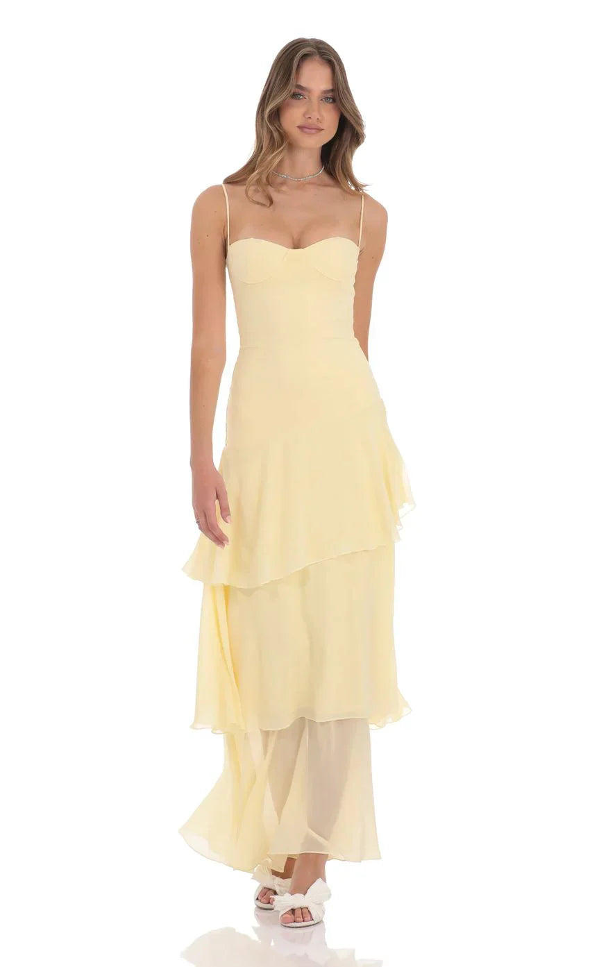 Long Ruffle Maxi Dress In Yellow