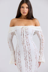 vintage cream floral lace off shoulder maxi dress