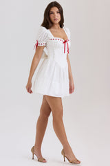 white broderie anglaise puff sleeve mini dress