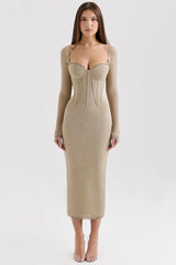 beige mesh long sleeve bodycon midi dress
