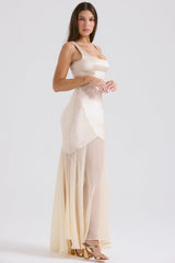 champagne chiffon floor length gown