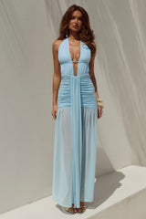 ADRIANNA PLUNGE RUCHED MAXI DRESS - AQUA