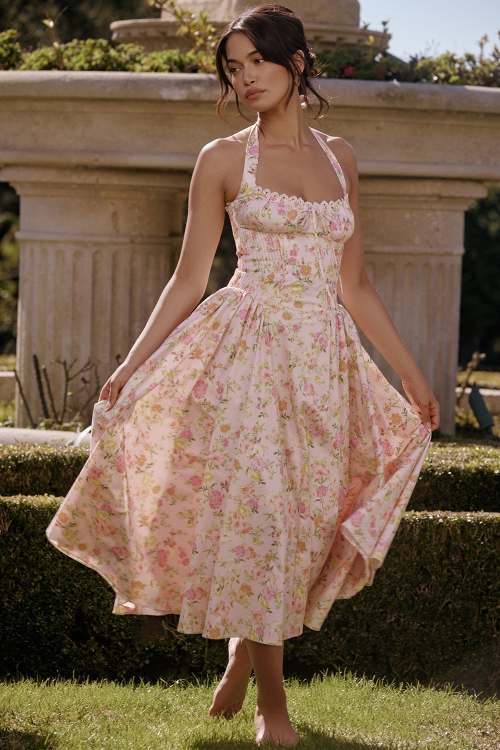 pink meadow print cotton halter midi sundress