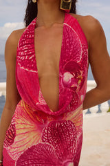 LEXIE LOW PLUNGE HALTER MAXI DRESS - ISABEL PINK