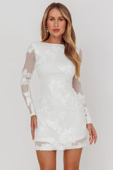 Karma Long Sleeve Scoop Back Dress Embellished White