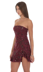 Strapless Sequin Floral Ruffle Dress in Burgundy