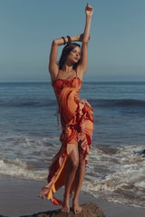 sunset swirl print ruffle cut out maxi dress