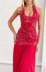 Aella Red Beaded Halter Maxi Dress