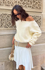 Bambi Cream Asymmetric Neckline Eyelet Sweater