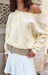 Bambi Cream Asymmetric Neckline Eyelet Sweater