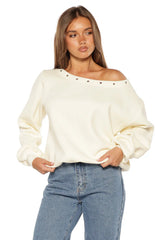 Bambi Cream Asymmetric Neckline Eyelet Sweater