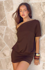 Bisou Brown Off Shoulder Mini Dress