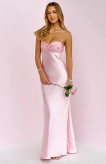 Chilli Pink Beaded Bust Satin Maxi Dress