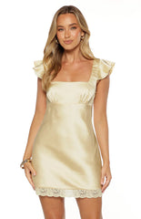 Dasha Yellow Satin Lace Trim Mini Dress