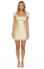 Dasha Yellow Satin Lace Trim Mini Dress