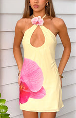 Delilah Yellow Orchid Print Halter Mini Dress