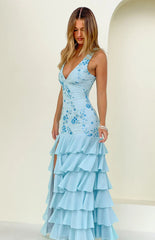 Eleanor Blue Sequin Ruffle Hem Maxi Dress