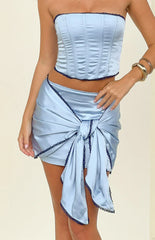 Elvi Blue Ruched Satin Mini Skirt