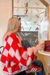 Envi Pink And Red Checkered Knit Cardigan