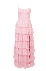 Felicity Pink Pearl Strap Ruffle Maxi Dress - PRE ORDER