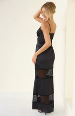 Freyja Black Lace Insert Satin Maxi Dress
