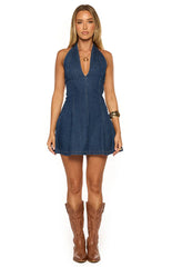 Isalin Mid Wash Denim Halter Mini Dress