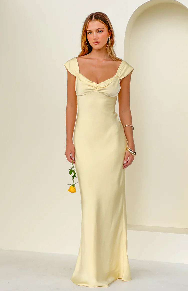 Jacky Yellow Satin Maxi Dress