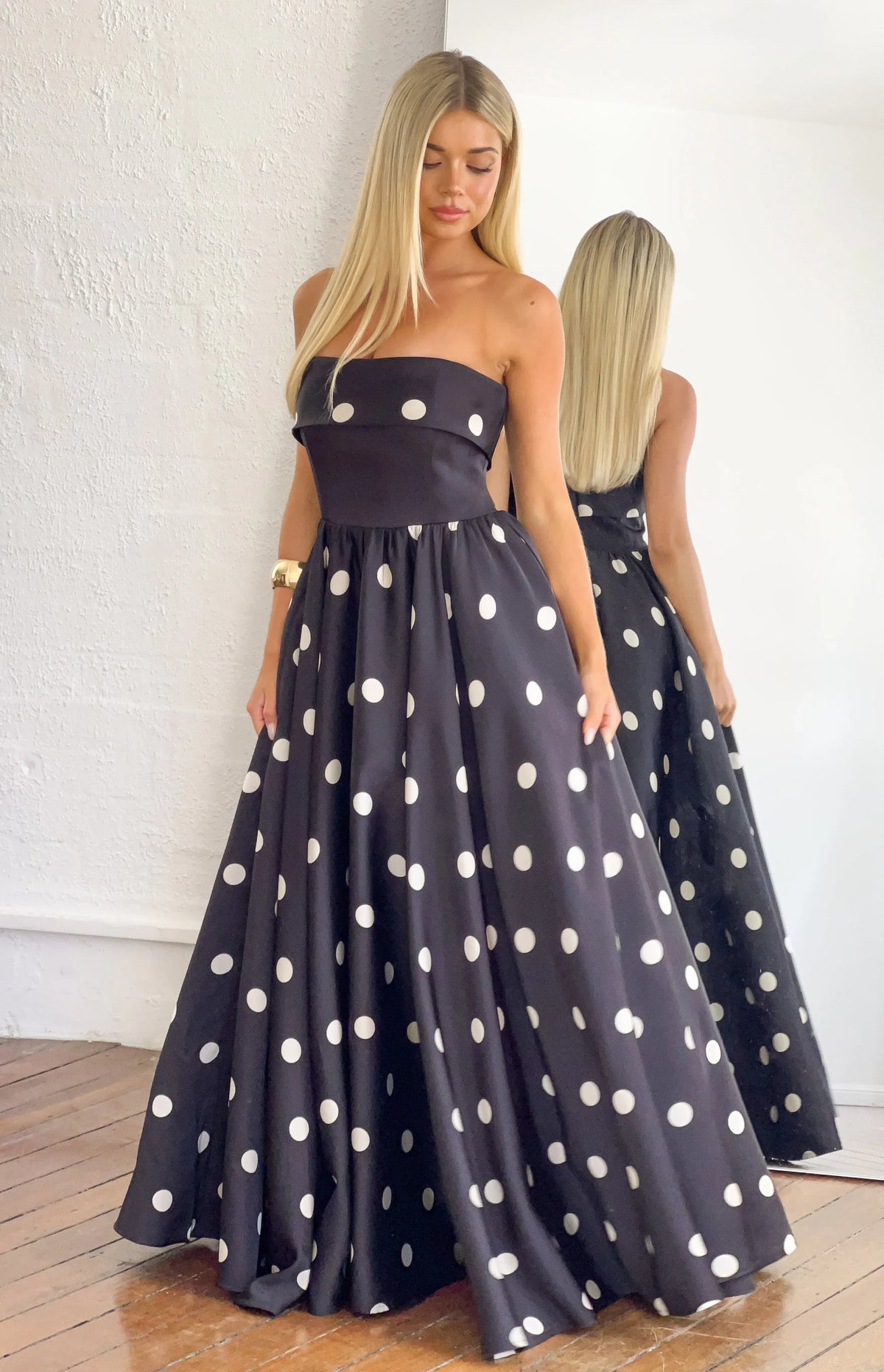 Julianne Strapless Polka Dot Satin Maxi Dress