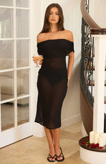July Black Sheer Off the Shoulder Midi Dress