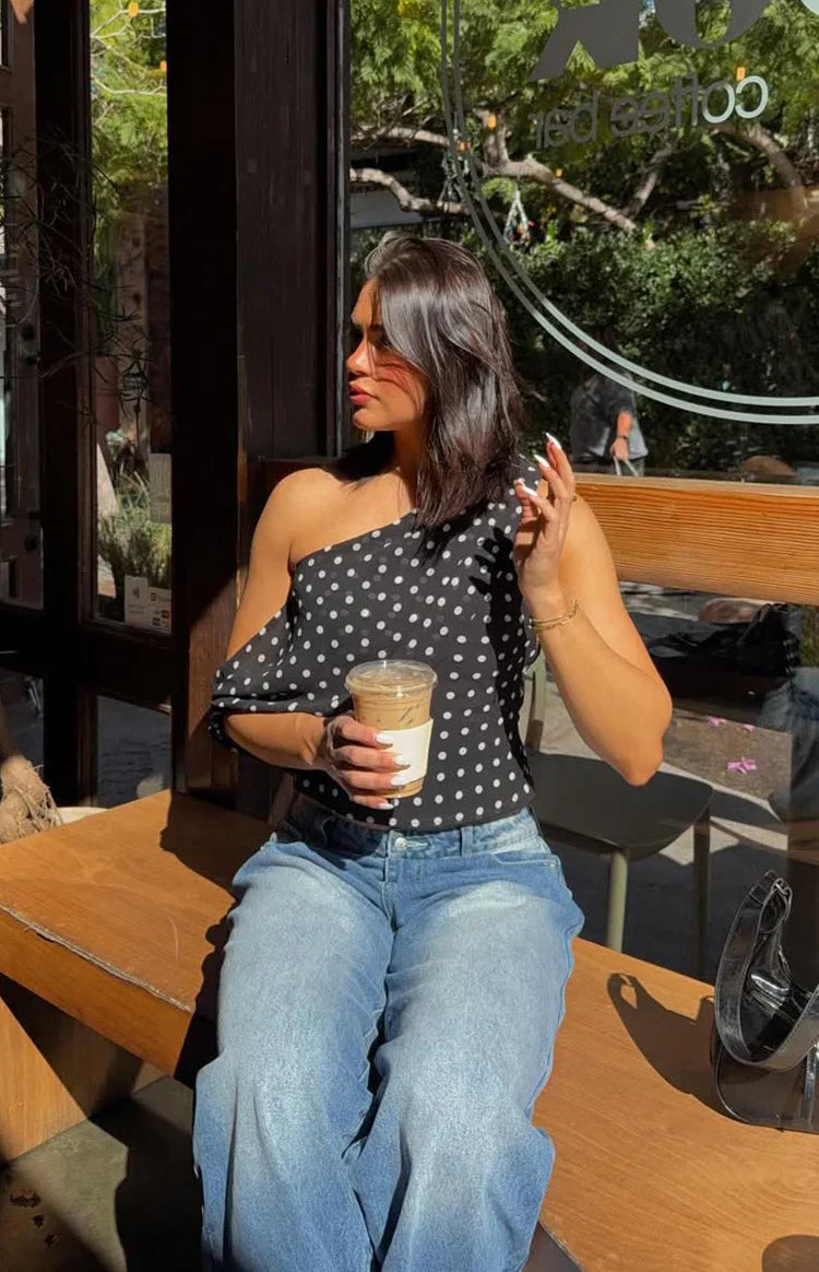Khamie Black Polka Dot Off Shoulder Top