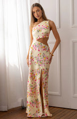 Mellick Yellow Bloom Satin Maxi Dress