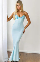 Neevah Blue Sequin Bust Satin Maxi Dress