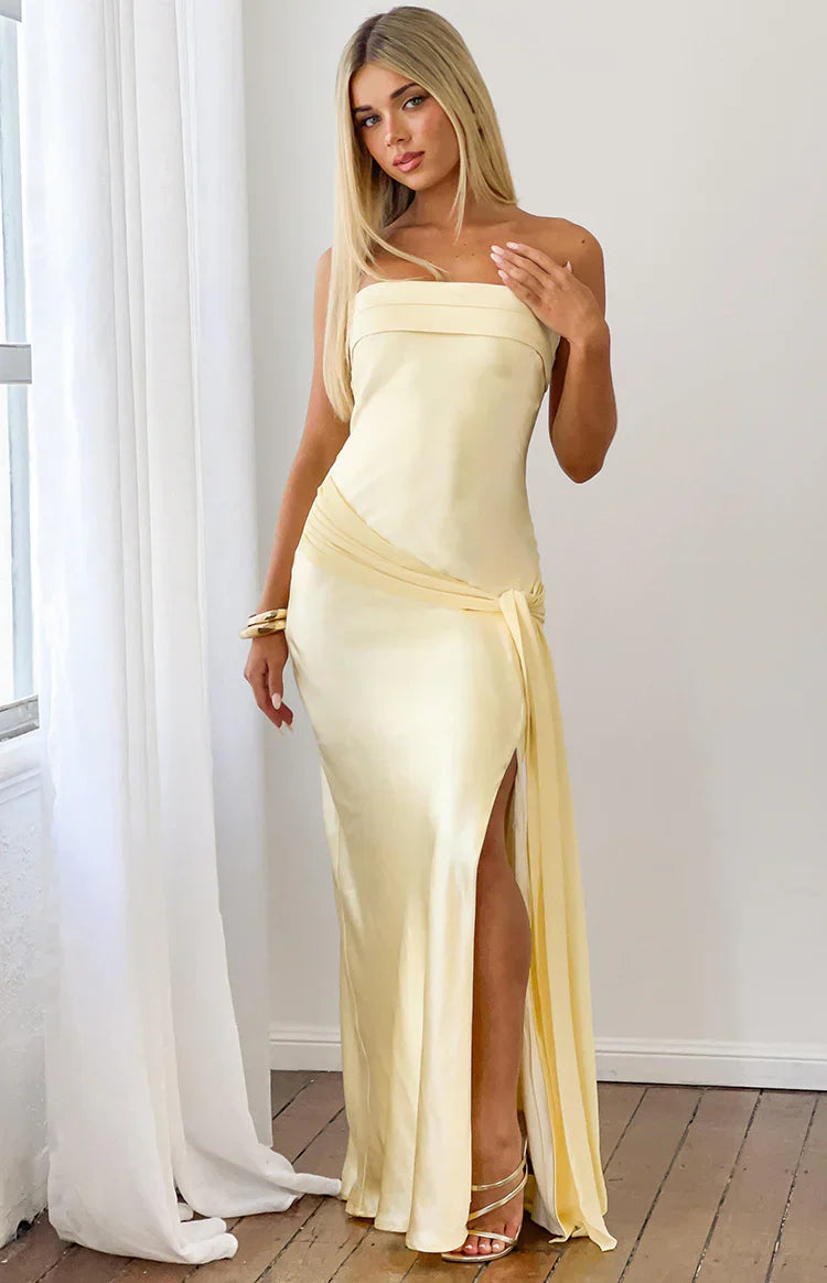 Novie Yellow Tie Detail Satin Strapless Maxi Dress