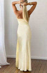 Novie Yellow Tie Detail Satin Strapless Maxi Dress