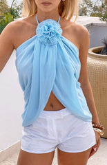 Orella Blue Flower Detail Chiffon Halter Top